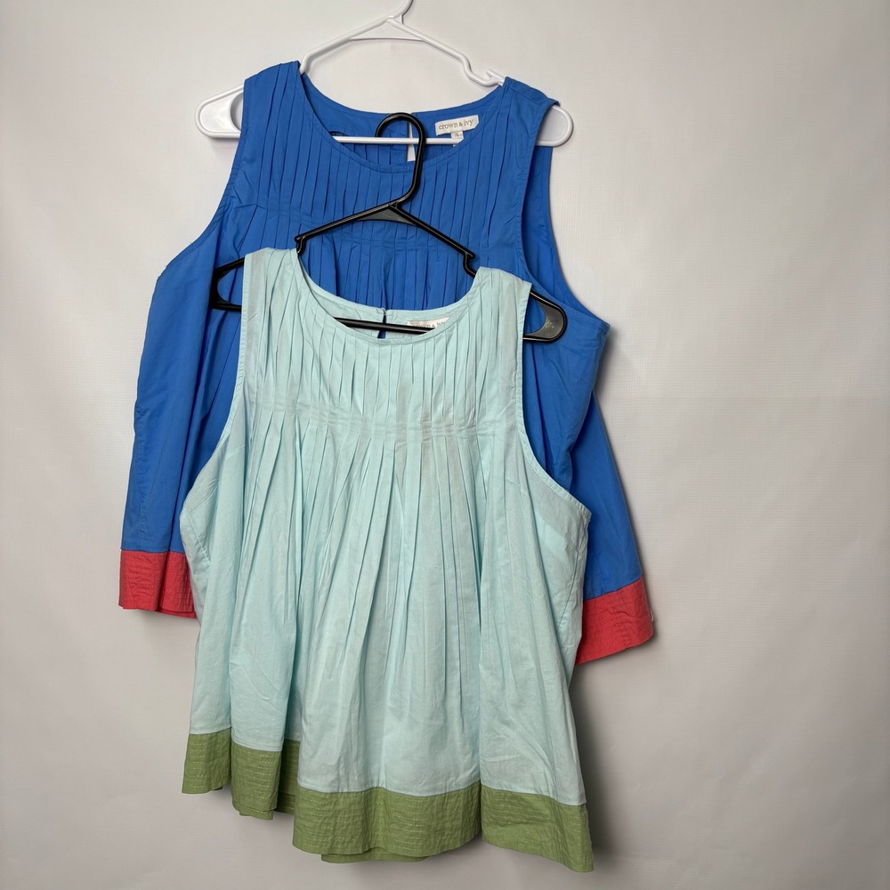 Crown & Ivy Womens XL Pleated Sleeveless Blouse Bundle Aqua Blue 2 Pack NWT